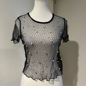 Fashion Nova Black Mesh Crop Top with Pearl Details